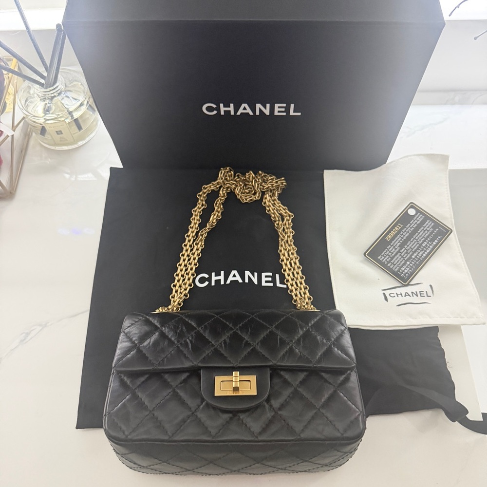 CHANEL 2.55 Classic Mini Reissue Flap Bag Black Aged Calfskin Leather